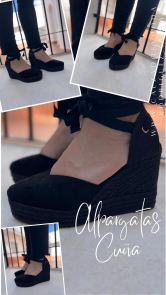 Alpargatas Cuña Negras con Lazos al Tobillo
