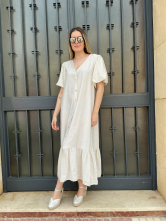 Vestido Largo Beige con Volantes y Botones