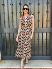 Vestido Largo Estampado Marrón con Escote en pico