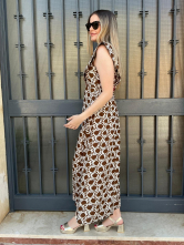 Vestido Largo Estampado Marrón con Escote en pico