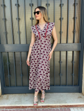 Vestido Largo Estampado Granate con Escote en pico