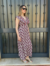 Vestido Largo Estampado Granate con Escote en pico