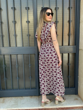 Vestido Largo Estampado Granate con Escote en pico