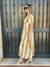 Vestido Largo con Estampado a Rayas en Tonos Mostaza y crudo