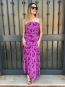 Vestido Largo Palabra de Honor Fucsia con Estampado de Hojas