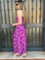 Vestido Largo Palabra de Honor Fucsia con Estampado de Hojas