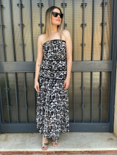 Vestido Largo Palabra de Honor Blanco/Negro con Estampado de Hojas