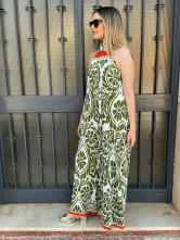 Mono Palazzo Cuello Alto con Estampado Etnico en Verde y Naranja