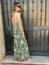 Mono Palazzo Cuello Alto con Estampado Etnico en Verde y Naranja