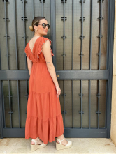 Vestido Largo Teja con Volantes