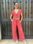 Conjunto de Verano en Lino Coral con Detalles de Encaje