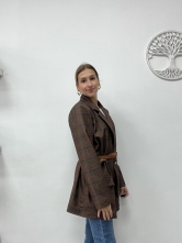 Blazer Largo de Cuadros con Cinturón - Marrón