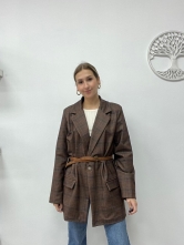 Blazer Largo de Cuadros con Cinturón - Marrón
