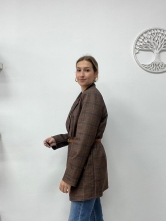 Blazer Largo de Cuadros con Cinturón - Marrón