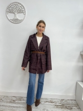 Blazer Largo de Cuadros con Cinturón - Berenjena