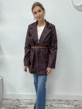 Blazer Largo de Cuadros con Cinturón - Berenjena