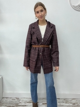 Blazer Largo de Cuadros con Cinturón - Berenjena