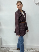 Blazer Largo de Cuadros con Cinturón - Berenjena