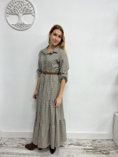 Vestido Camisero Largo de Cuadros con Cinturón