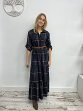 Vestido Camisero Largo de Cuadros con Cinturón