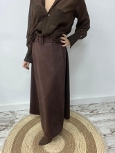 Falda Larga de Antelina con Cinturón Ancho Incorporado Marrón