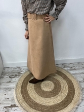 Falda Larga de Antelina con Cinturón Ancho Incorporado Beige