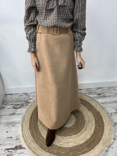 Falda Larga de Antelina con Cinturón Ancho Incorporado Beige