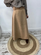 Falda Larga de Antelina con Cinturón Ancho Incorporado Beige