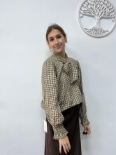 Camisa de Cuadros Pequeños con Lazada al Cuello