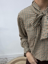Camisa de Cuadros Pequeños con Lazada al Cuello