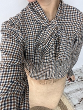 Camisa de Cuadros Pequeños con Lazada al Cuello