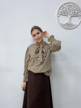 Camisa de Cuadros Pequeños con Lazada al Cuello Camel