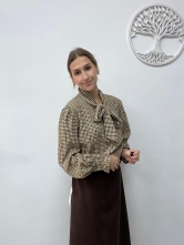 Camisa de Cuadros Pequeños con Lazada al Cuello Camel