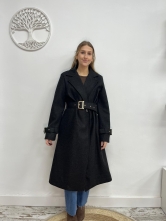 Abrigo Largo Cruzado con Cinturón - Negro