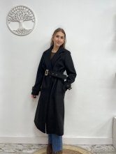 Abrigo Largo Cruzado con Cinturón - Negro